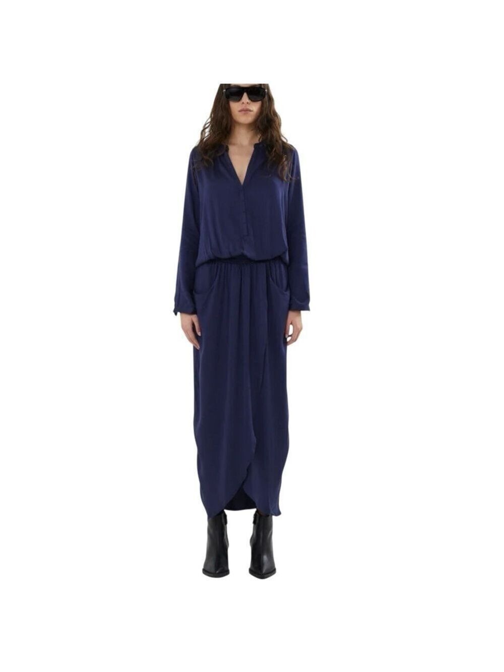RABENS SALONER VERA Solid wrap over dress L/S Dark Navy Blue Minimalist Small